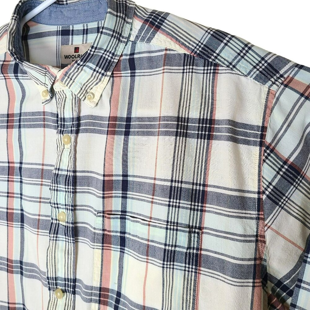 Woolrich Mens XL Plaid Button Down Shirt Short Sleeve Cotton Red Blue Ivory - Picture 3 of 8